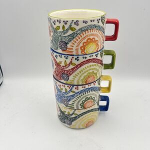 Set Of 4 PIER 1 Paisley Stackable Coffee Tea Mugs Stoneware Hand Painted Boho